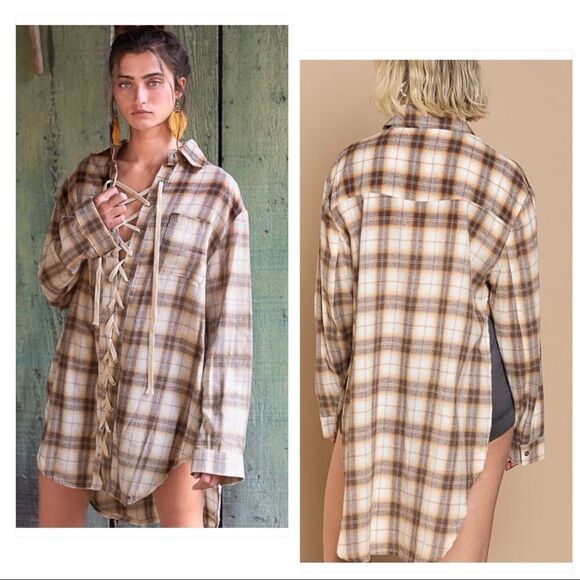 pol Plaid front lace-up strappy shirt with Side Slits - Picture 4 of 16